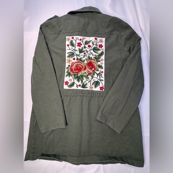 RUNWAY PARIS Olive Green Utility Jacket with Floral Embroidery - Size L - Picture 4 of 8